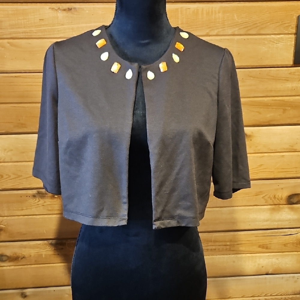 Brown Embellished Bolero/ Cropped Open Cardigan Short Sleeve Womens Petite Large